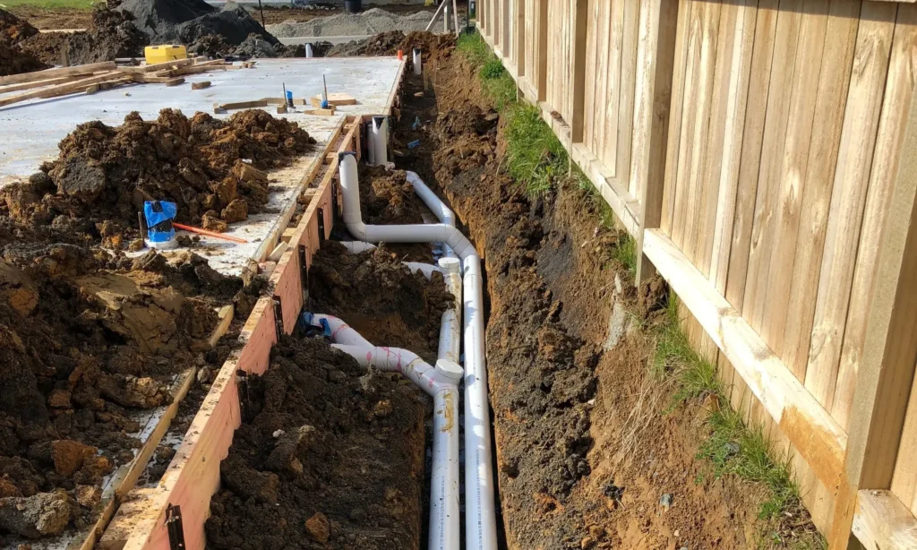 An illustration of Earthworks Tauranga's drain laying and pipe installation process, highlighting our commitment to using quality materials. Find out more on our Drain Laying page.